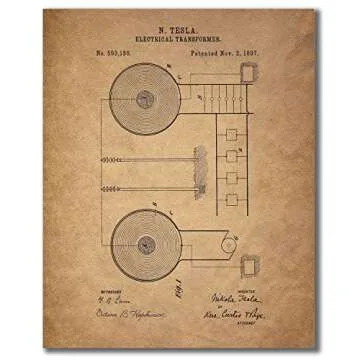 BigWig Prints Tesla Patent Wall Art - Vintage Nikola Tesla Blueprint Prints, Inventor Poster Set, Scientific Wall Decor for Home or Office, Historical Artwork - Unframed Set of 6 (8x10)