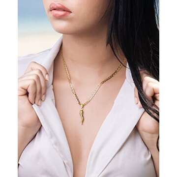 Barzel 18K Gold Plated Flat Marina Chain With Italian Horn Necklace Cornicello - Made In Brazil (24 Inches)