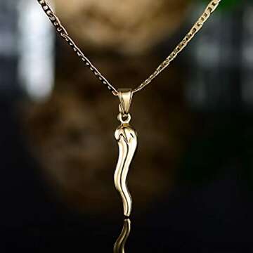 Barzel 18K Gold Plated Flat Marina Chain With Italian Horn Necklace Cornicello - Made In Brazil (24 Inches)