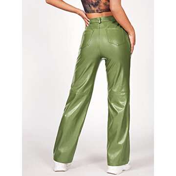 MakeMeChic Women's Faux Leather Pants Straight Wide Leg Leather Pants Lime Green Petite S