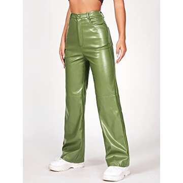 MakeMeChic Women's Faux Leather Pants Straight Wide Leg Leather Pants Lime Green Petite S