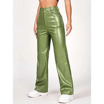 MakeMeChic Women's Faux Leather Pants Straight Wide Leg Leather Pants Lime Green Petite S