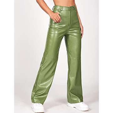 MakeMeChic Women's Faux Leather Pants Straight Wide Leg Leather Pants Lime Green Petite S
