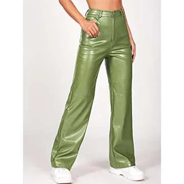 MakeMeChic Women's Faux Leather Pants Straight Wide Leg Leather Pants Lime Green Petite S