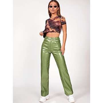 MakeMeChic Women's Faux Leather Pants Straight Wide Leg Leather Pants Lime Green Petite S
