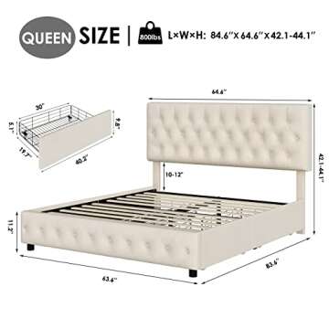 Keyluv Modern Upholstered Bed Frame with 4 Storage Drawers, Button Tufted Headboard Design, Solid Wo...
