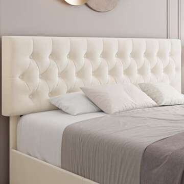 Keyluv Modern Upholstered Bed Frame with 4 Storage Drawers, Button Tufted Headboard Design, Solid Wooden Slat Support, Easy Assembly, Soft Velvet, Beige, Queen Size