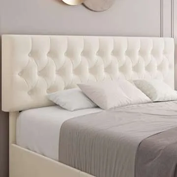 Keyluv Modern Upholstered Bed Frame with 4 Storage Drawers, Button Tufted Headboard Design, Solid Wooden Slat Support, Easy Assembly, Soft Velvet, Beige, Queen Size