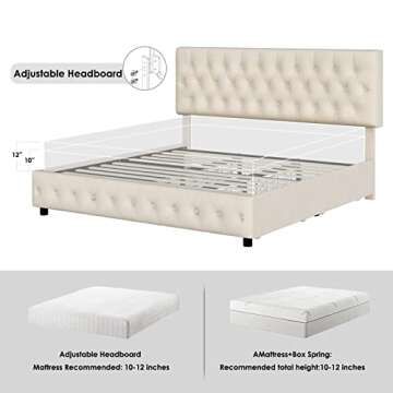 Keyluv Modern Upholstered Bed Frame with 4 Storage Drawers, Button Tufted Headboard Design, Solid Wooden Slat Support, Easy Assembly, Soft Velvet, Beige, Queen Size