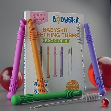 BABYSKIT Flexible Hollow Teething Tubes for Infants - Easy to Hold and Clean Teething Straws for Babies, Safe Silicone Teething Stick for 0-6 Months