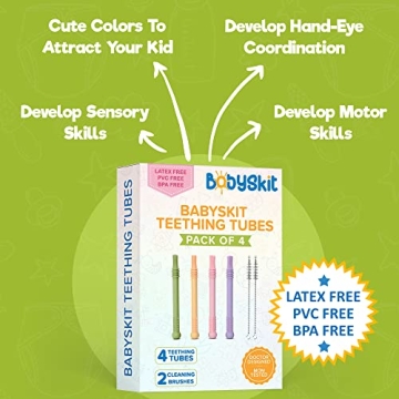 BABYSKIT Flexible Hollow Teething Tubes for Infants - Easy to Hold and Clean Teething Straws for Babies, Safe Silicone Teething Stick for 0-6 Months