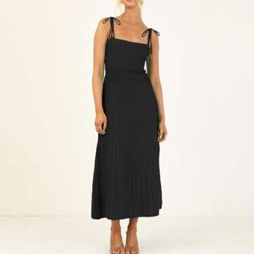 IDOPIP Women's Square Neck Ribbed Knit Maxi Dress Casual Sleeveless Adjustable Spaghetti Straps Dress Summer Drop Waist Party Long Dress Elegant Knitted Striped Pleated Dress Black M