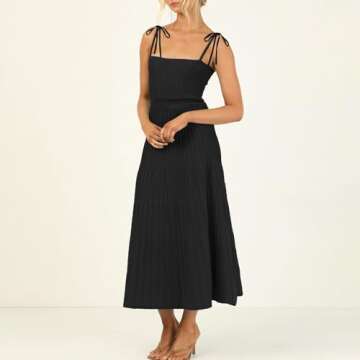 IDOPIP Women's Square Neck Ribbed Knit Maxi Dress Casual Sleeveless Adjustable Spaghetti Straps Dress Summer Drop Waist Party Long Dress Elegant Knitted Striped Pleated Dress Black M