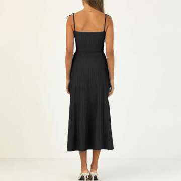 IDOPIP Women's Square Neck Ribbed Knit Maxi Dress Casual Sleeveless Adjustable Spaghetti Straps Dress Summer Drop Waist Party Long Dress Elegant Knitted Striped Pleated Dress Black M