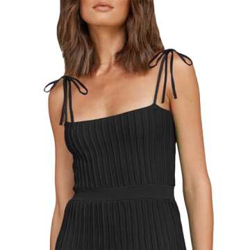 IDOPIP Women's Square Neck Ribbed Knit Maxi Dress Casual Sleeveless Adjustable Spaghetti Straps Dress Summer Drop Waist Party Long Dress Elegant Knitted Striped Pleated Dress Black M