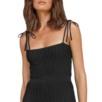 IDOPIP Women's Square Neck Ribbed Knit Maxi Dress Casual Sleeveless Adjustable Spaghetti Straps Dress Summer Drop Waist Party Long Dress Elegant Knitted Striped Pleated Dress Black M