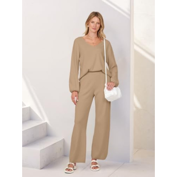 MEROKEETY Women's Cozy Lounge Set with Pockets - Khaki