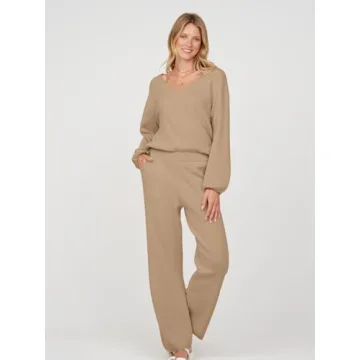 MEROKEETY Women's Cozy Lounge Set with Pockets - Khaki