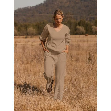 MEROKEETY Women's Cozy Lounge Set with Pockets - Khaki