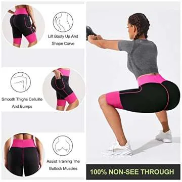 TrainingGirl Women's Hot Neoprene Sauna Sweat Shorts with Pocket Weight Loss Slimming Pants Workout Body Shaper Yoga Leggings (Black-Pink, M (See in Last Picture))