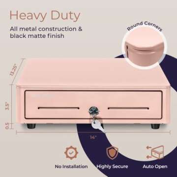 Volcora Cash Register Drawer - Stylish & Durable for Businesses, Pink, 24V, Key-Lock