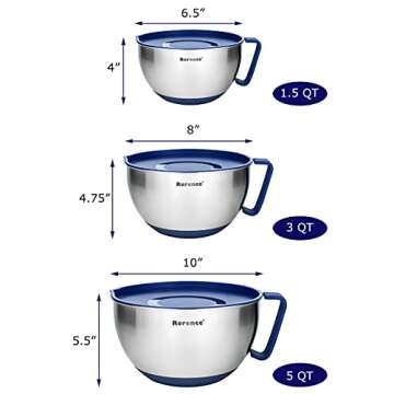 Rorence Mixing Bowls Set: Stainless Steel Non-Slip Bowls with Pour Spout, Handle and Lid - Set of 3 - Blue