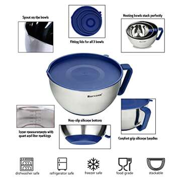 Rorence Mixing Bowls Set: Stainless Steel Non-Slip Bowls with Pour Spout, Handle and Lid - Set of 3 - Blue