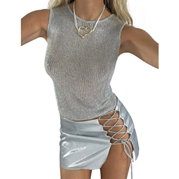 Meladyan Fishnet Knit Glittering Crop Tank Top for Women