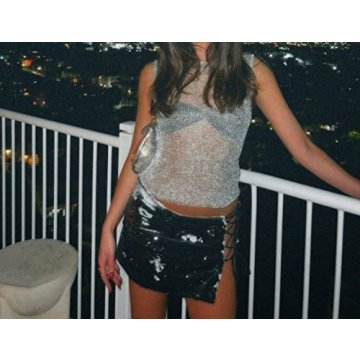 Meladyan Fishnet Knit Glittering Crop Tank Top for Women