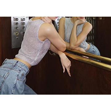 Meladyan Fishnet Knit Glittering Crop Tank Top for Women