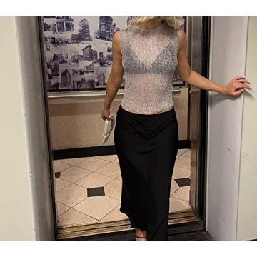 Meladyan Fishnet Knit Glittering Crop Tank Top for Women