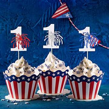 Red White and Blue Glitter 4th of July One Cupcake Toppers for 1st Birthday Decorations