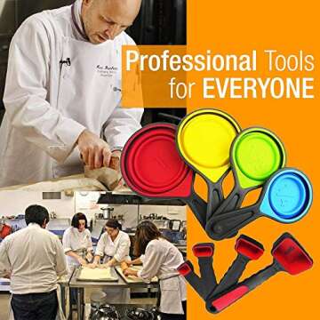 Collapsible Measuring Cups, 8 Piece Measuring Cups and Spoons Set in Engraved Metric/US Measurement, Food Grade Silicone Dog Food Measuring Cup for Pet Food Dry Liquid Ingredient with Cookies Recipe