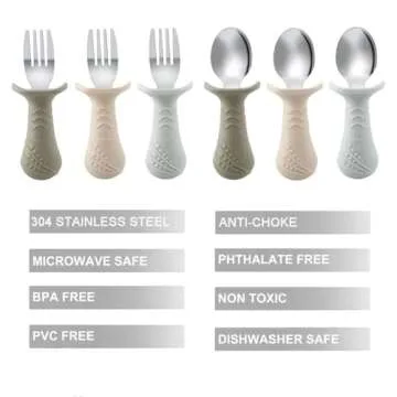 PandaEar Baby Toddler Fork and Spoon Utensil Set, 6 Pack Silicone Stainless Steel Silverware Spoon Fork for Babies Toddler, BPA Free with Silicone Holding Anti-Choke Design (Light Tan&Walnut&Grey)