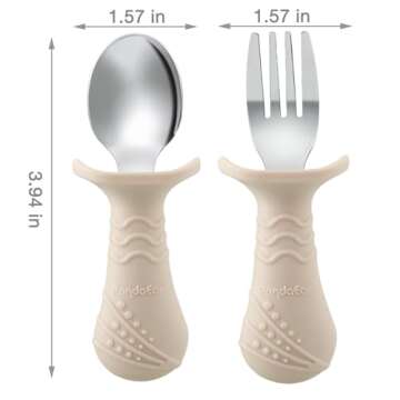 PandaEar Baby Toddler Fork and Spoon Utensil Set, 6 Pack Silicone Stainless Steel Silverware Spoon Fork for Babies Toddler, BPA Free with Silicone Holding Anti-Choke Design (Light Tan&Walnut&Grey)