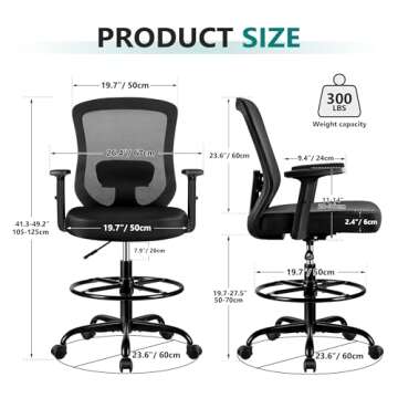 Winrise Drafting Chair,Tall Office Chair for Standing Desk Chair Ergonomic Computer Chair Lumbar Support and Adjustable Foot-Ring (Black)