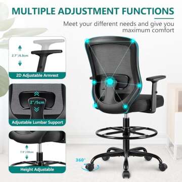 Winrise Drafting Chair,Tall Office Chair for Standing Desk Chair Ergonomic Computer Chair Lumbar Support and Adjustable Foot-Ring (Black)