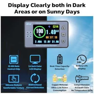 DROK Coulometer, DC 8-100V 100A Battery Monitor 12V 24V 36V 48V 60V Volt Amp Watt Meter, 2.4 inch LC...