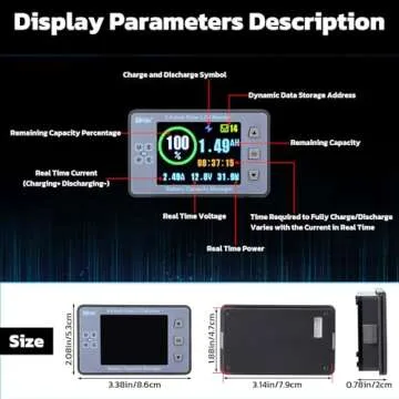 DROK Coulometer, DC 8-100V 100A Battery Monitor 12V 24V 36V 48V 60V Volt Amp Watt Meter, 2.4 inch LCD Color Screen Capacity Percentage Time Power Voltmeter Ampmeter for RV Solar Panel Battery Charge