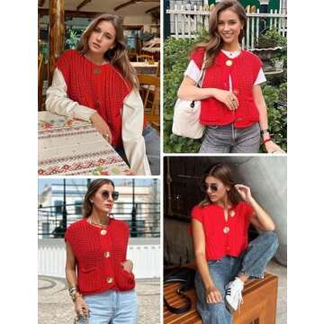 Wyeysyt Womens Sleeveless Crop Knit Cardigan Casual Button Down Cropped Knitted Sweater Vest with Pockets(Red-S)