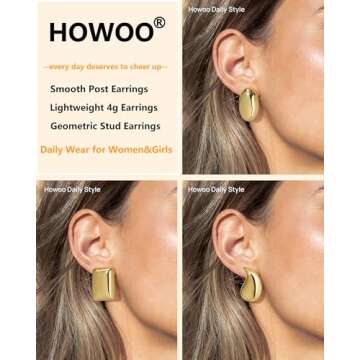 Howoo Gold Stud Earrings set for Women 14K Gold Plated Chunky Earrings Big Minimalist Dainty Earring...
