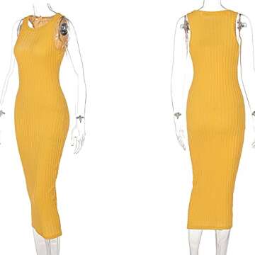 GEMEIQ Women's Sexy Knitted Ribbed Bodycon Maxi Dress Crew Neck Sleeveless Slim Party Club Tank Long Dresses