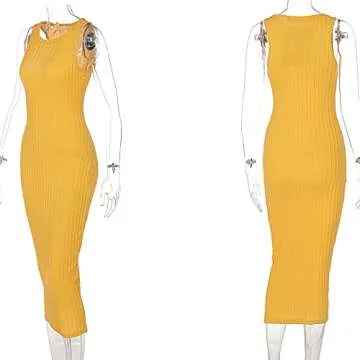 GEMEIQ Women's Sexy Knitted Ribbed Bodycon Maxi Dress Crew Neck Sleeveless Slim Party Club Tank Long Dresses