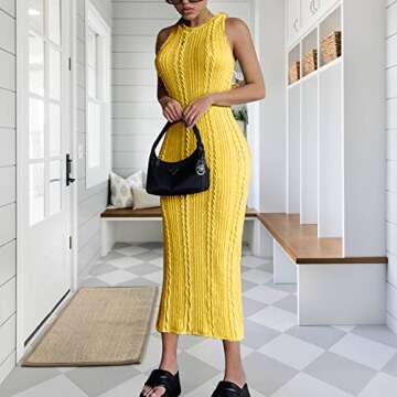GEMEIQ Women's Sexy Knitted Ribbed Bodycon Maxi Dress Crew Neck Sleeveless Slim Party Club Tank Long Dresses