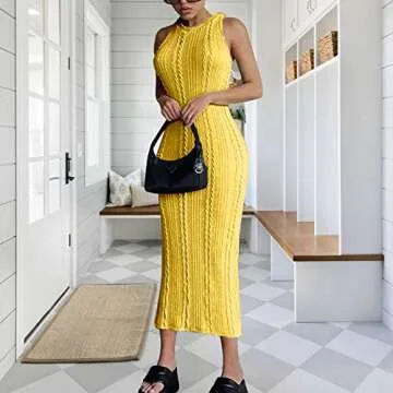 GEMEIQ Women's Sexy Knitted Ribbed Bodycon Maxi Dress Crew Neck Sleeveless Slim Party Club Tank Long Dresses