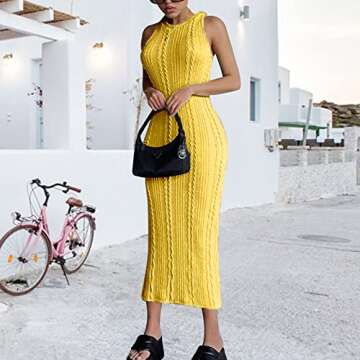 GEMEIQ Women's Sexy Knitted Ribbed Bodycon Maxi Dress Crew Neck Sleeveless Slim Party Club Tank Long Dresses