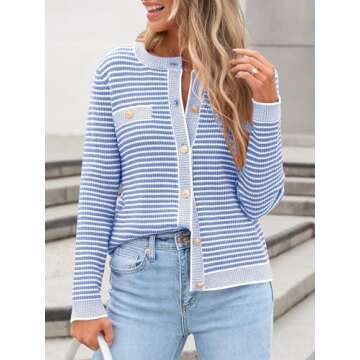 ANRABESS Women's Striped Cardigan Sweaters Casual Long Sleeve Open Front Button Down Knit Cropped Ja...