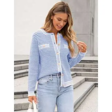 ANRABESS Women's Striped Cardigan Sweaters Casual Long Sleeve Open Front Button Down Knit Cropped Jackets Fall Coat Outerwear Medium