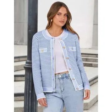 ANRABESS Women's Striped Cardigan Sweaters Casual Long Sleeve Open Front Button Down Knit Cropped Jackets Fall Coat Outerwear Medium