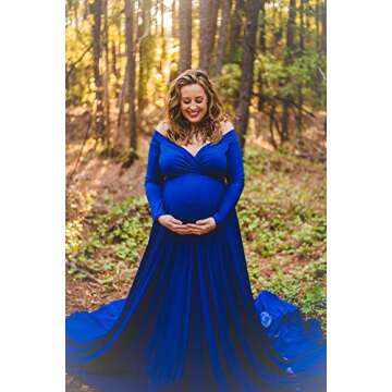 Saslax Maternity Off Shoulders Long Sleeve Half Circle Gown for Baby Shower Photo Props Dress Blue Large
